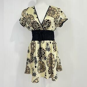 Cotton Works Silk Y2K Smocked Mini Dress L Oriental Party Short Sleeve